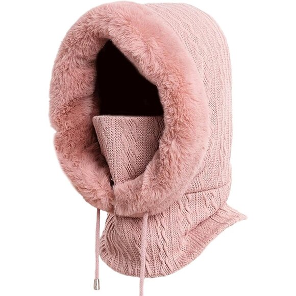 🆕 Women Pink Winter Balaclava Hat Ski Warm Thick Fluff Beanie Adult Neck Face - Picture 1 of 7